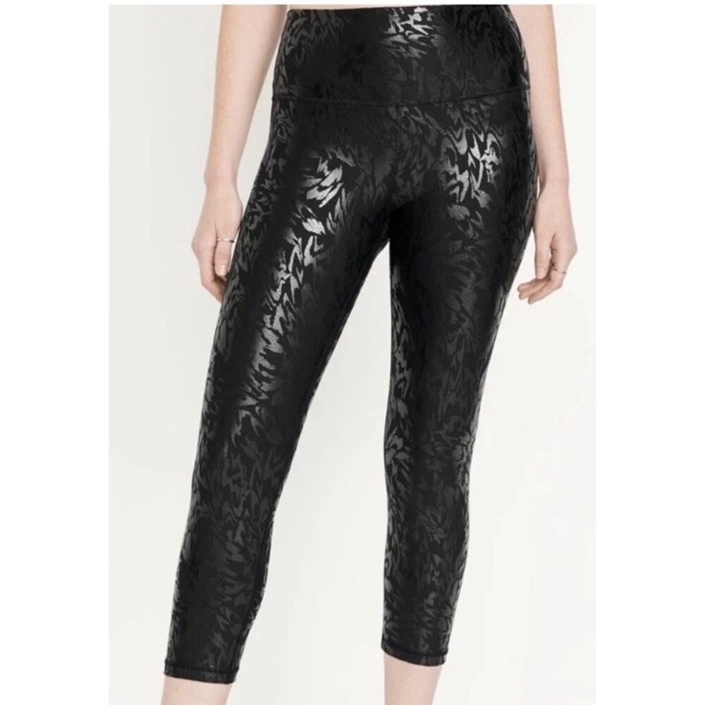 Old Navy High-Waisted PowerSoft Foil-Print Black Leggings Full Length Size S NWT